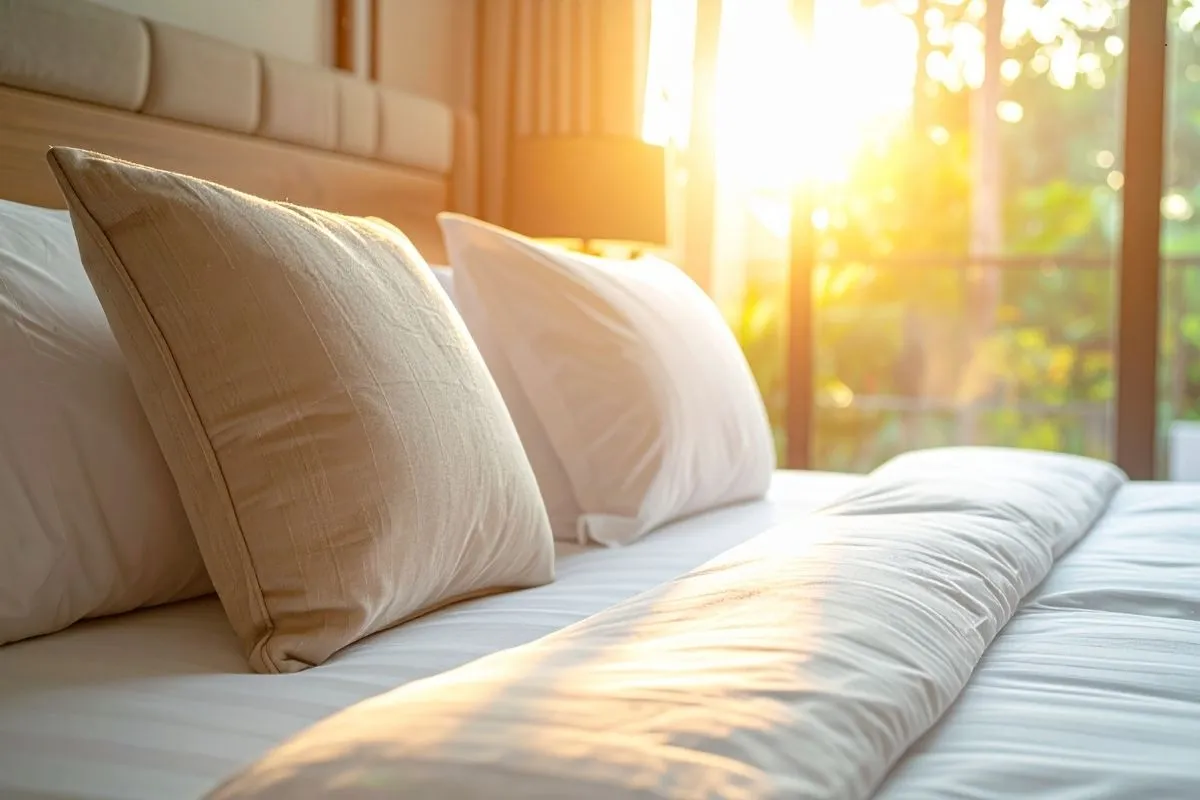 Letto con cuscini bianchi e beige illuminato dalla luce del sole al tramonto